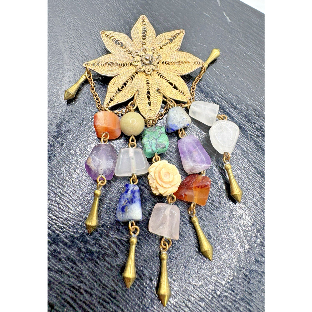 Antique Vintage Chinese Art Nouveau gold gilt silver filigree flower brooch pin